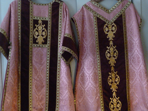 Rose Roman vestment set. Pictured are Dalmatic (left), Chasuble (right)